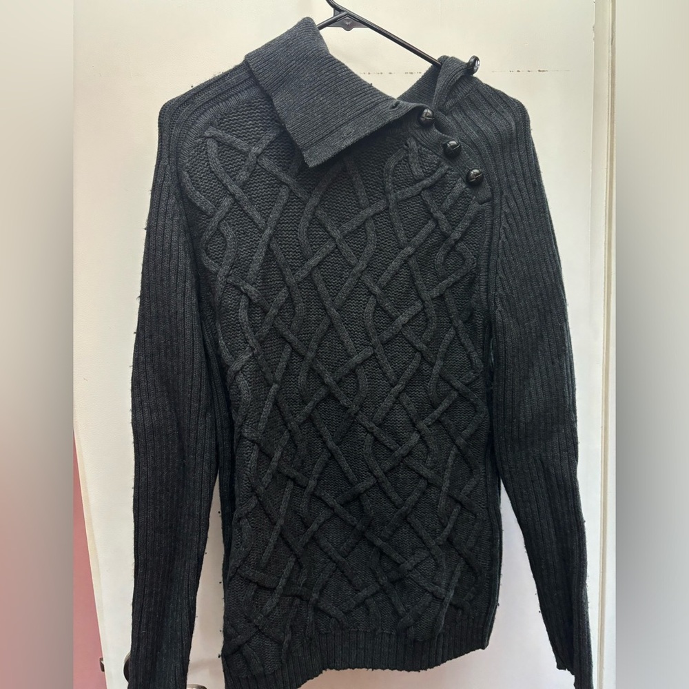 A/X Armani Exchange Men's Large Dark Gray Cable-Knit Button Sweater Cotton Wool